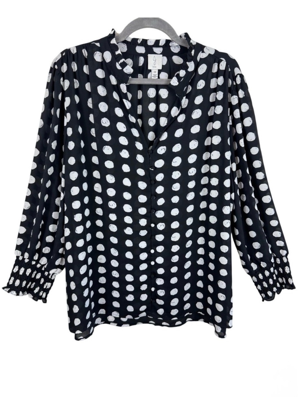 Joie Womens Black White Polka Dot Chiffon Blouse Smocked Cuff Top Size 1X